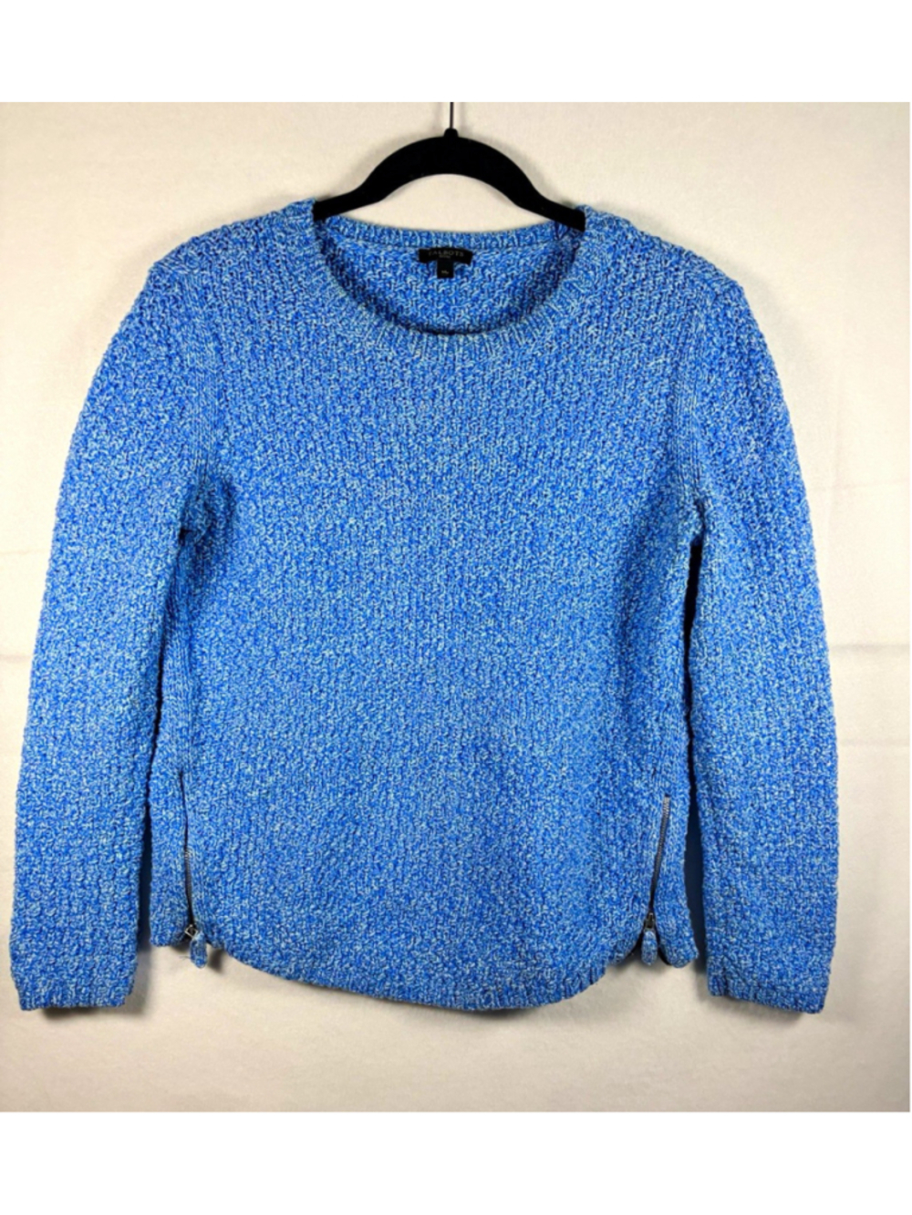 Talbots Petites PM Blue Solid Knit 100% Cotton Crewneck Pullover Zipper
